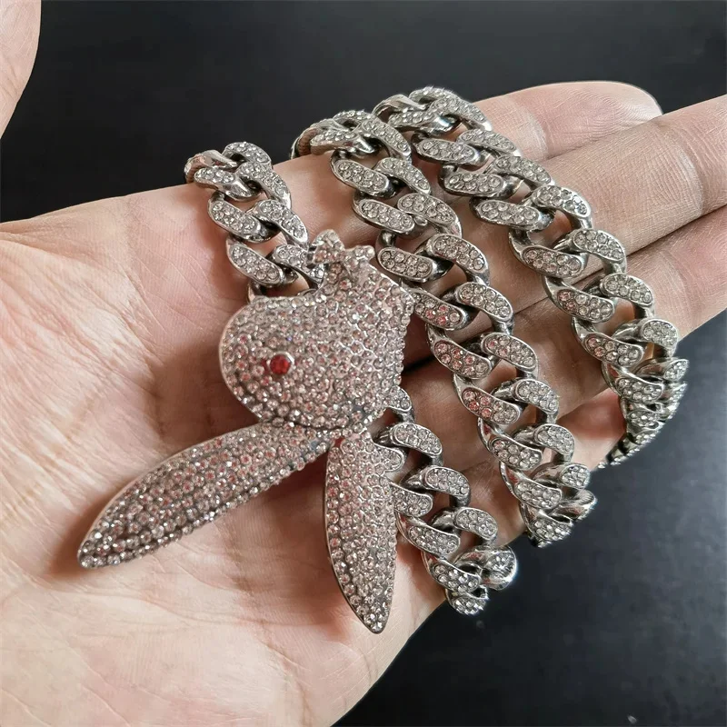 Fashion Full Crystal Long Ear Rabbit Pendant Necklace With Miani Cuban Chain For Men Women Hip Hop Iced Out Party Jewelry