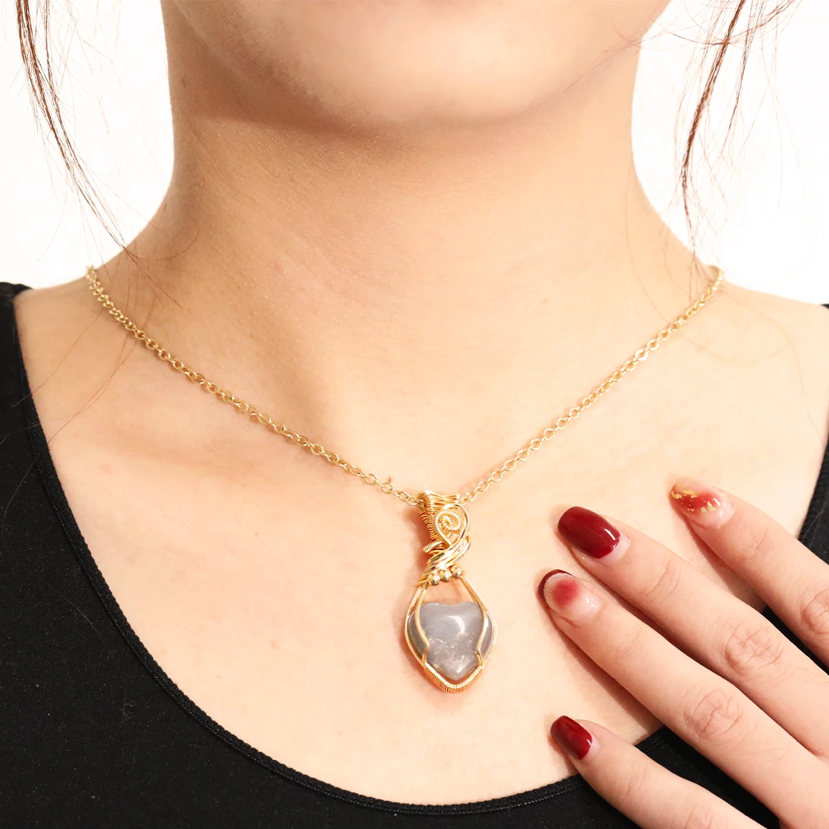 Women's Natural Gemstone Necklace Pendant Moonstone Handmade Copper Stainless Steel Necklace collier Pierre Naturelle Women's Natural Gemstone Necklace Pendant Moonstone Handmade Copper Stainless Steel Necklace collier Pierre Naturelle