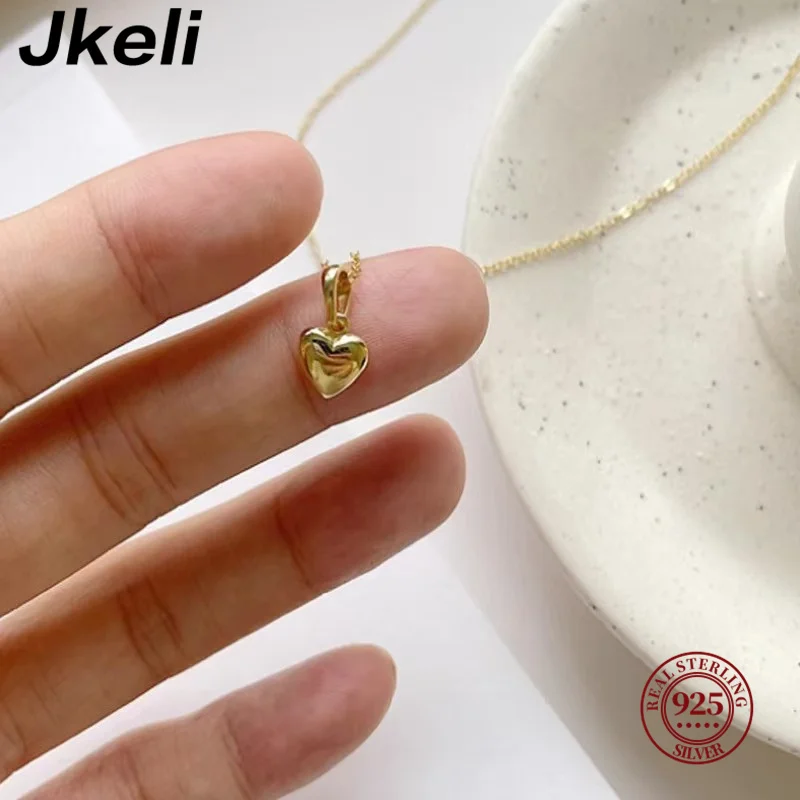 Jkeli S925 Sterling Silver 14K Gold Plated Heart Necklace 3D Heart Pendant Clavicle Chain Gift for Ladies Jkeli S925 Sterling Silver 14K Gold Plated Heart Necklace 3D Heart Pendant Clavicle Chain Gift for Ladies