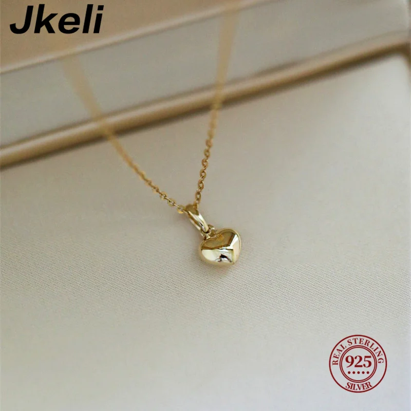 Jkeli S925 Sterling Silver 14K Gold Plated Heart Necklace 3D Heart Pendant Clavicle Chain Gift for Ladies Jkeli S925 Sterling Silver 14K Gold Plated Heart Necklace 3D Heart Pendant Clavicle Chain Gift for Ladies