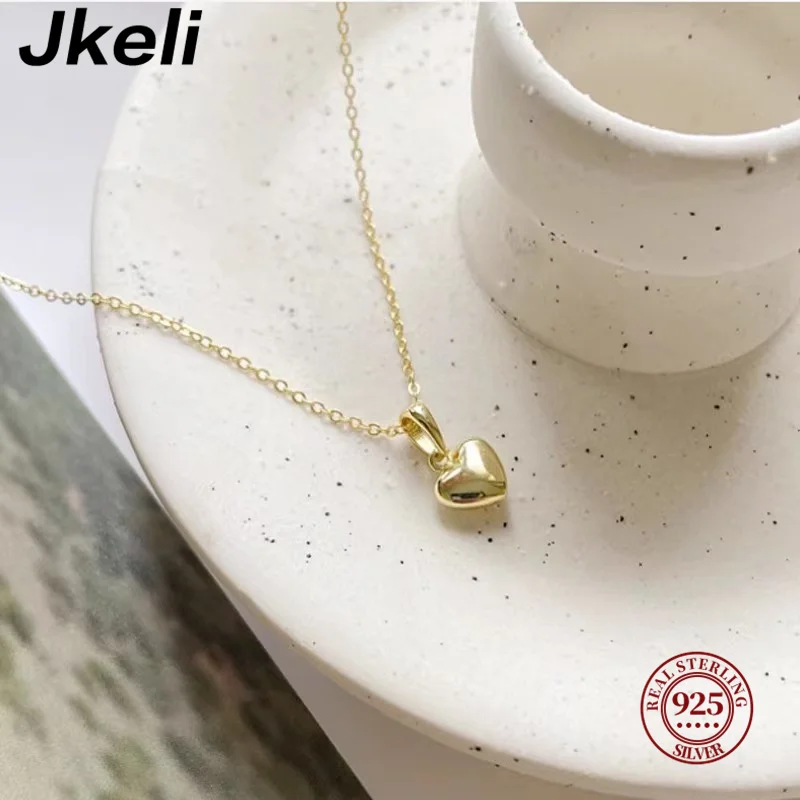 Jkeli S925 Sterling Silver 14K Gold Plated Heart Necklace 3D Heart Pendant Clavicle Chain Gift for Ladies Jkeli S925 Sterling Silver 14K Gold Plated Heart Necklace 3D Heart Pendant Clavicle Chain Gift for Ladies