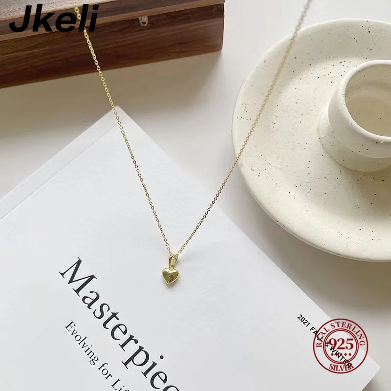 Jkeli S925 Sterling Silver 14K Gold Plated Heart Necklace 3D Heart Pendant Clavicle Chain Gift for Ladies Jkeli S925 Sterling Silver 14K Gold Plated Heart Necklace 3D Heart Pendant Clavicle Chain Gift for Ladies
