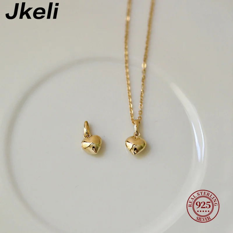 Jkeli S925 Sterling Silver 14K Gold Plated Heart Necklace 3D Heart Pendant Clavicle Chain Gift for Ladies Jkeli S925 Sterling Silver 14K Gold Plated Heart Necklace 3D Heart Pendant Clavicle Chain Gift for Ladies