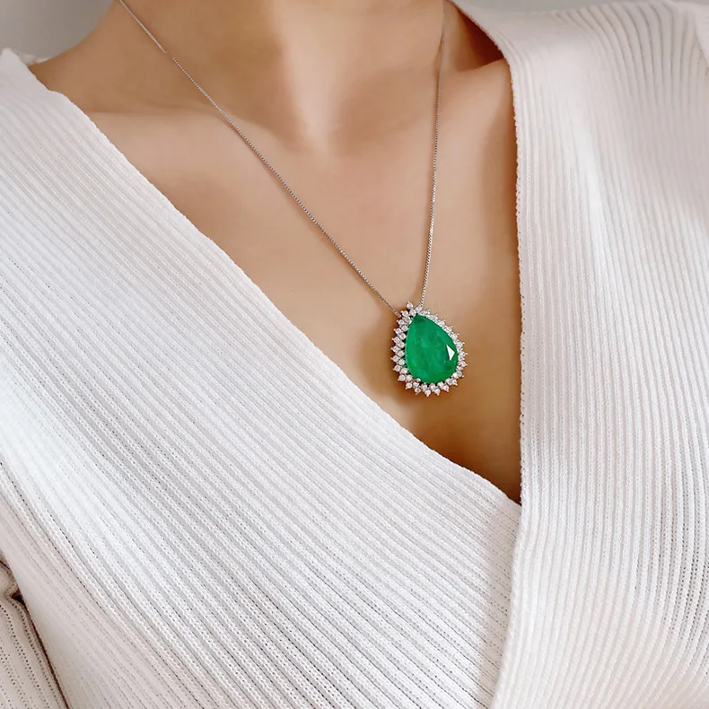 Romantic Paraiba Tourmaline Emerald Stone Water Droplet Pendant Necklace Chains Fine Jewelry Gift Women Wedding Anniversary