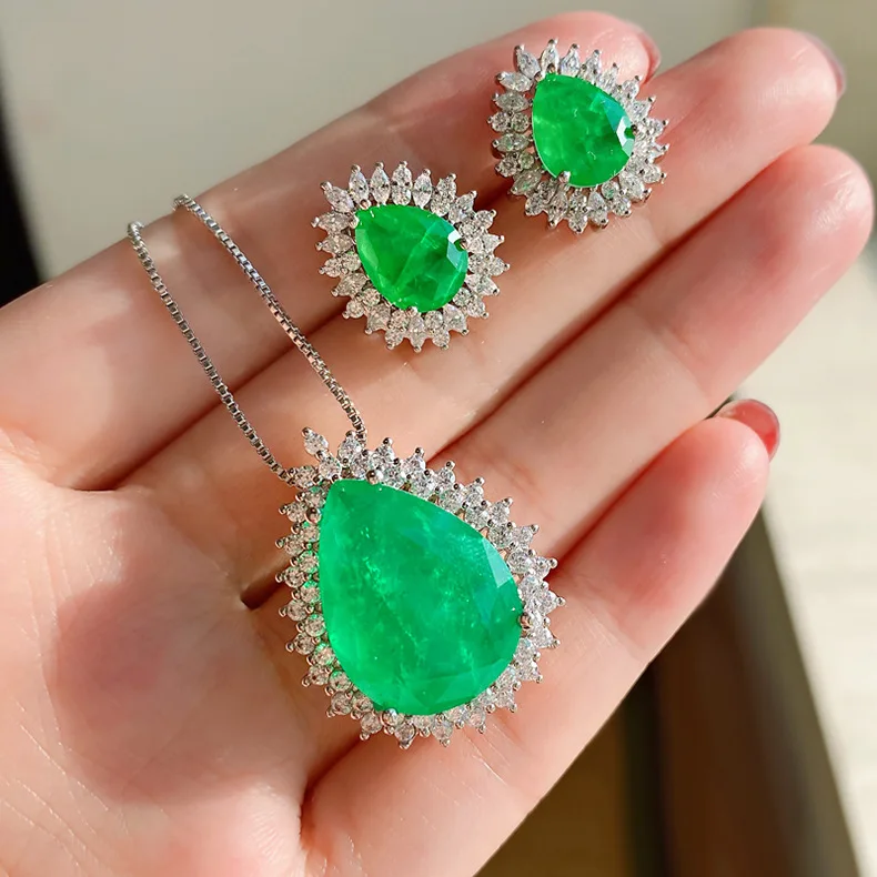 Romantic Paraiba Tourmaline Emerald Stone Water Droplet Pendant Necklace Chains Fine Jewelry Gift Women Wedding Anniversary