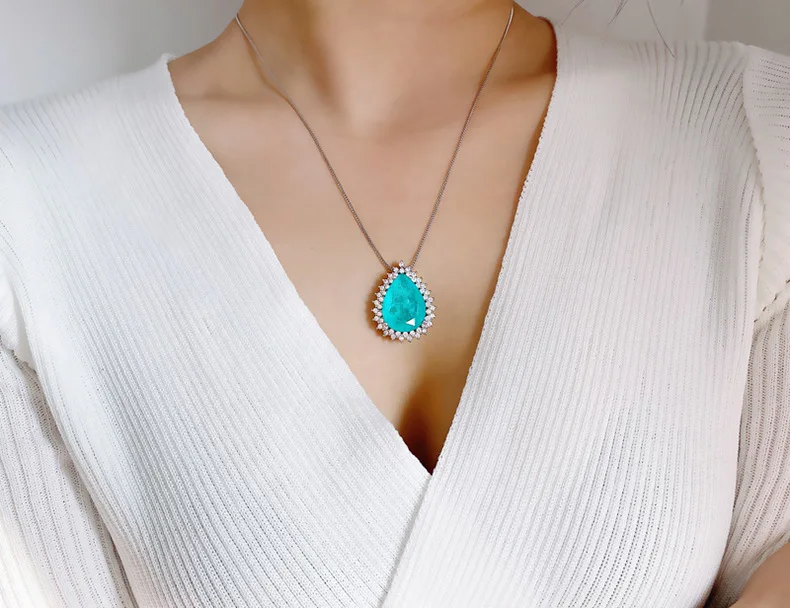 Romantic Paraiba Tourmaline Emerald Stone Water Droplet Pendant Necklace Chains Fine Jewelry Gift Women Wedding Anniversary