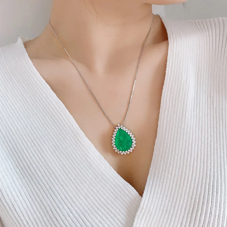 Romantic Paraiba Tourmaline Emerald Stone Water Droplet Pendant Necklace Chains Fine Jewelry Gift Women Wedding Anniversary