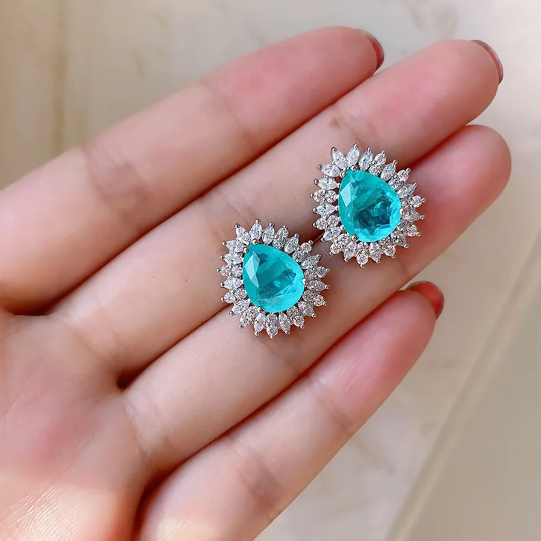 Romantic Paraiba Tourmaline Emerald Stone Water Droplet Pendant Necklace Chains Fine Jewelry Gift Women Wedding Anniversary