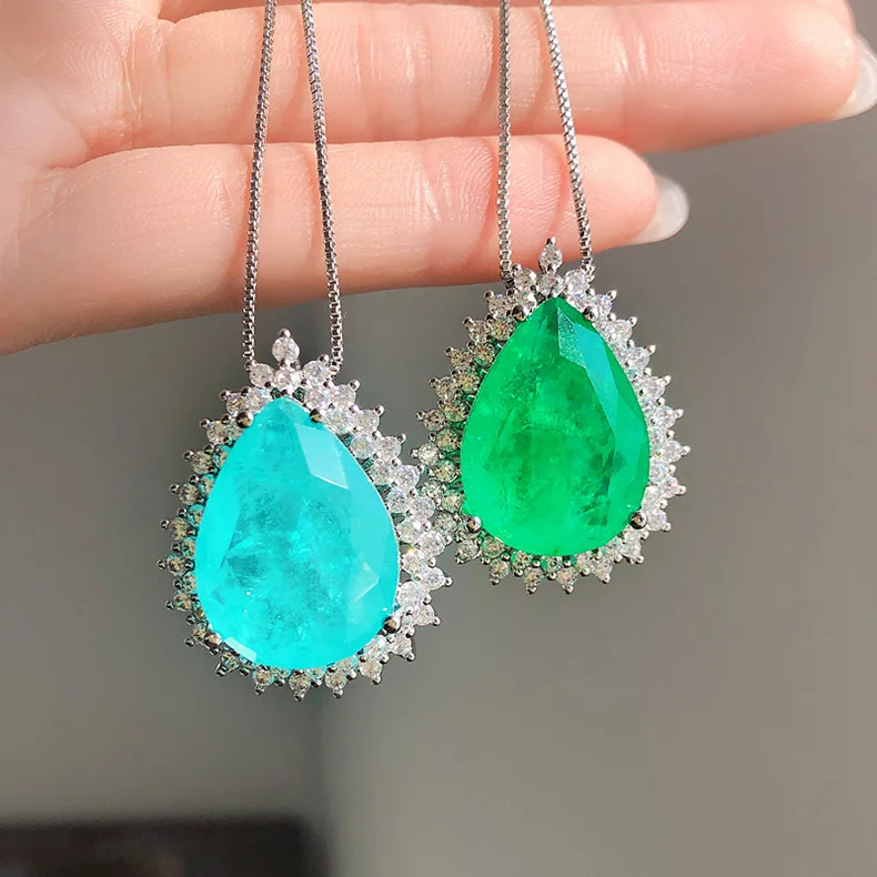 Romantic Paraiba Tourmaline Emerald Stone Water Droplet Pendant Necklace Chains Fine Jewelry Gift Women Wedding Anniversary