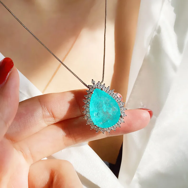 Romantic Paraiba Tourmaline Emerald Stone Water Droplet Pendant Necklace Chains Fine Jewelry Gift Women Wedding Anniversary