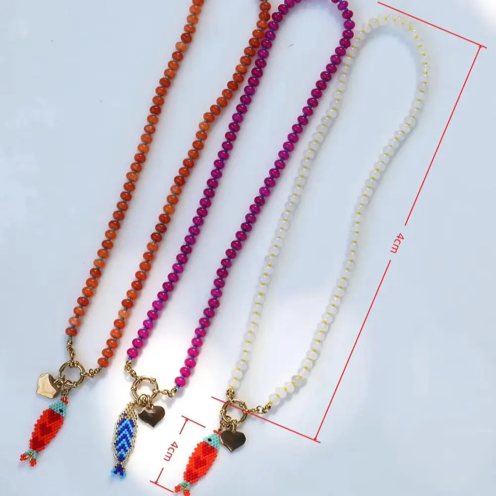 The latest Bohemian resort style jewelry colorful hand-woven fish pendant necklace with stainless steel accessories