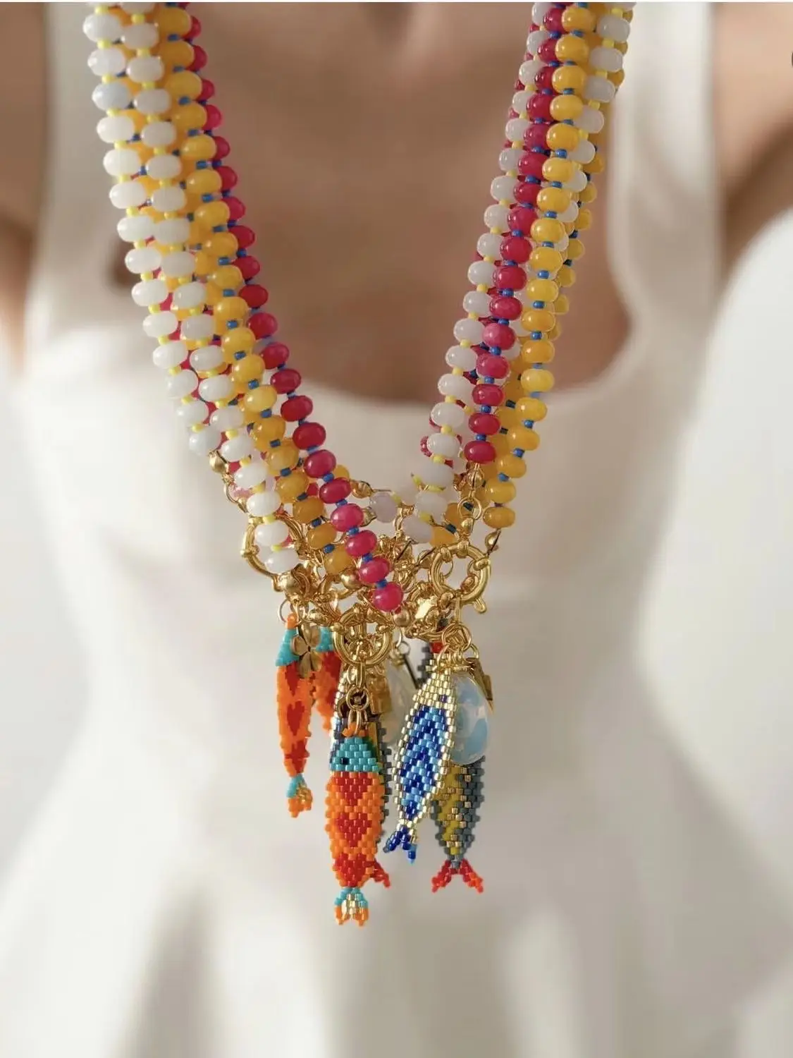 The latest Bohemian resort style jewelry colorful hand-woven fish pendant necklace with stainless steel accessories