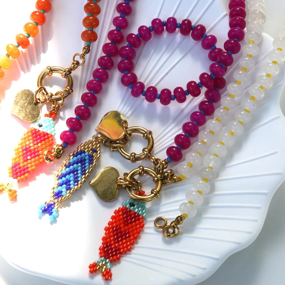 The latest Bohemian resort style jewelry colorful hand-woven fish pendant necklace with stainless steel accessories
