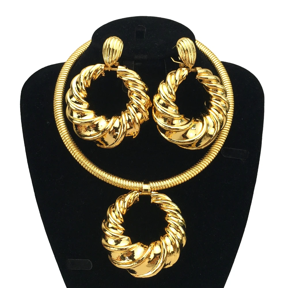 Dubai Gold Color Jewelry Sets For Women Necklace and Earring Fashion Pendant Jewelry Wedding Party Quality Bridal Gift FHK16778