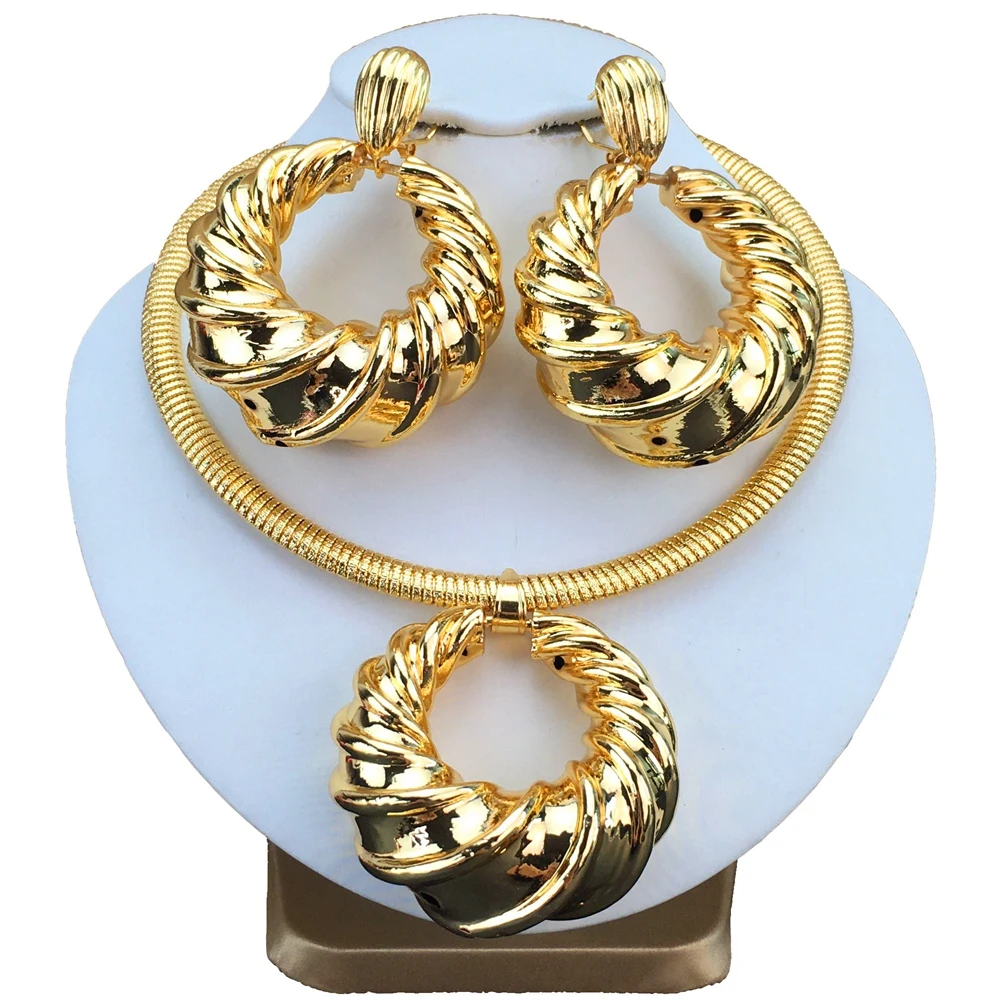 Dubai Gold Color Jewelry Sets For Women Necklace and Earring Fashion Pendant Jewelry Wedding Party Quality Bridal Gift FHK16778