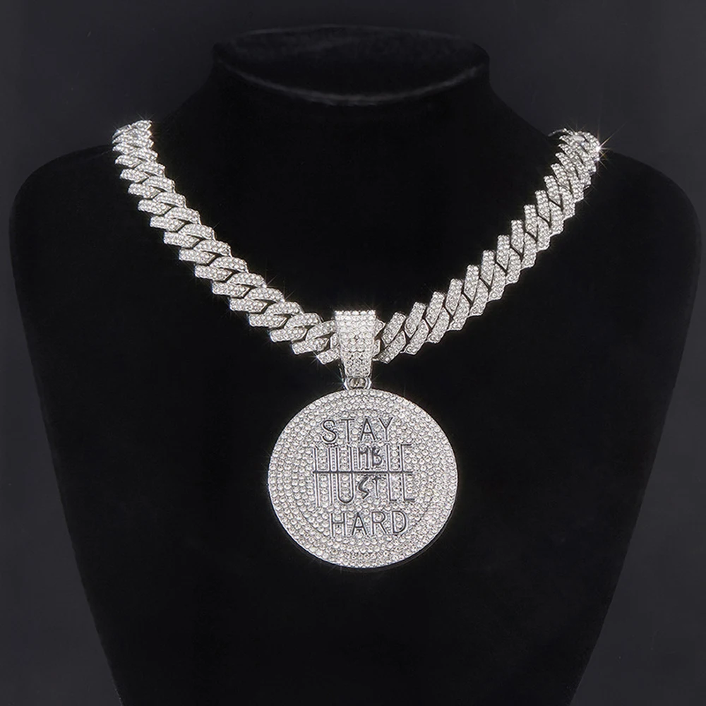 Hip Hop STAY HARD Letter Pendant Cuban Chain Necklace Punk Gold Color Iced Out Bling Necklaces Fashion Charm Men Women Jewelry