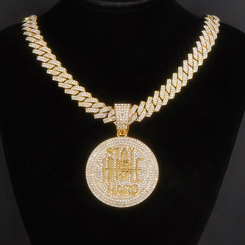 Hip Hop STAY HARD Letter Pendant Cuban Chain Necklace Punk Gold Color Iced Out Bling Necklaces Fashion Charm Men Women Jewelry