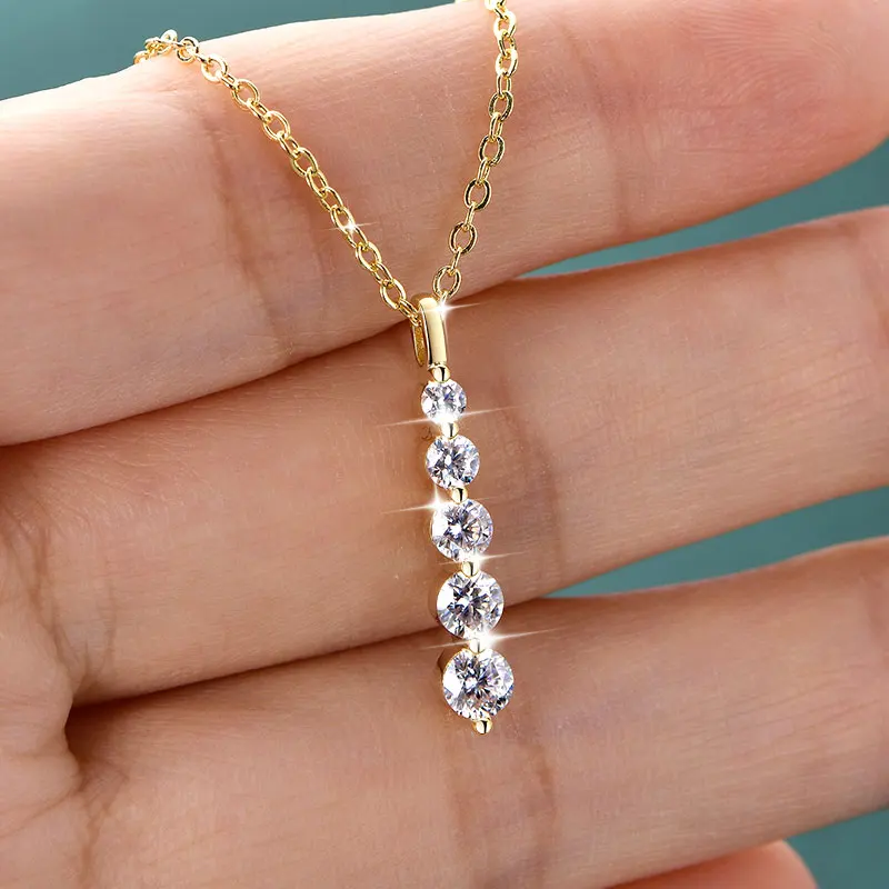 Rrjzz 5-Stone Moissanite Pendant Necklace D Color VVS1 Round Lab Diamond 14k Gold Silver Plated Necklace Jewelry Gifts with GRA