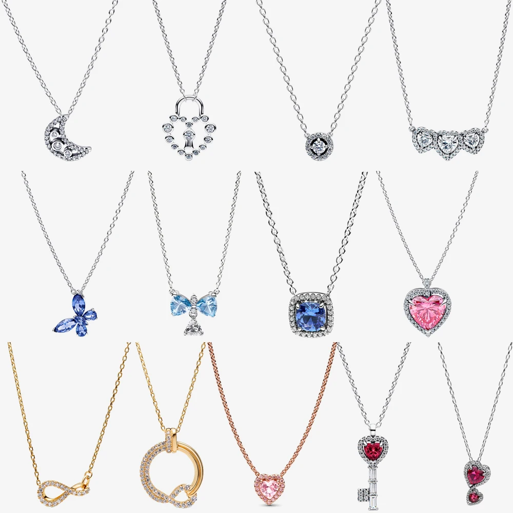 Original 925 Sterling Silver Pink Elevated Heart Halo Heart Trilogy Collier Necklace For Women Party Wedding Jewelry