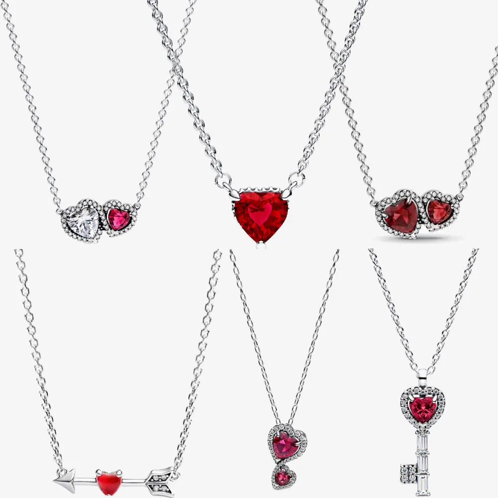 Original 925 Sterling Silver Pink Elevated Heart Halo Heart Trilogy Collier Necklace For Women Party Wedding Jewelry