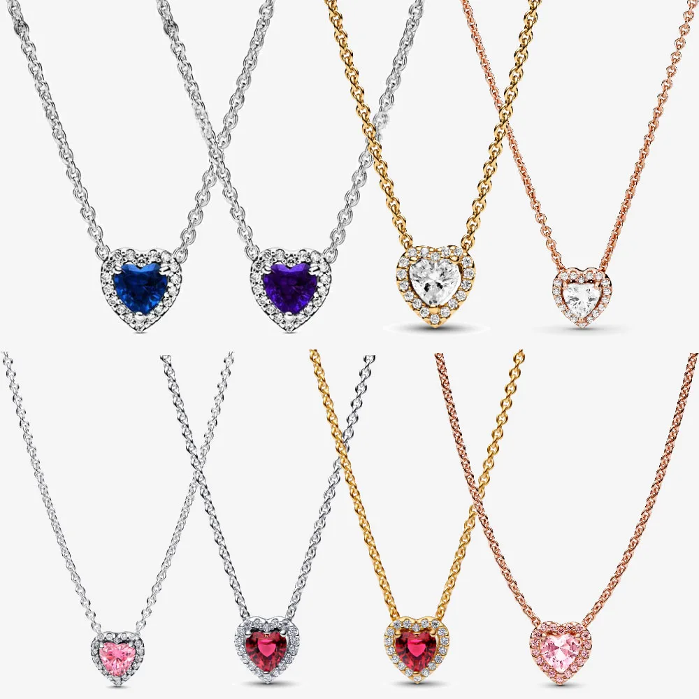 Original 925 Sterling Silver Pink Elevated Heart Halo Heart Trilogy Collier Necklace For Women Party Wedding Jewelry