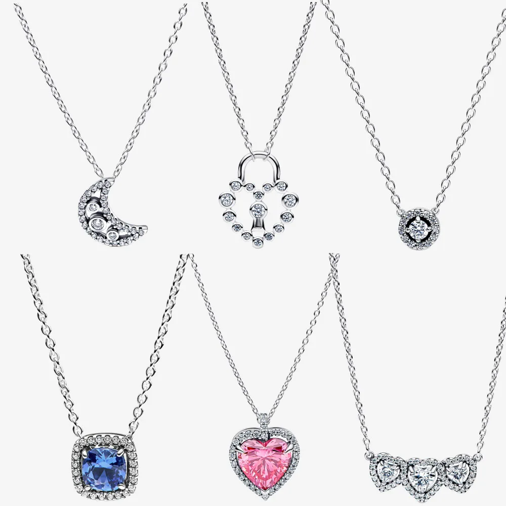 Original 925 Sterling Silver Pink Elevated Heart Halo Heart Trilogy Collier Necklace For Women Party Wedding Jewelry