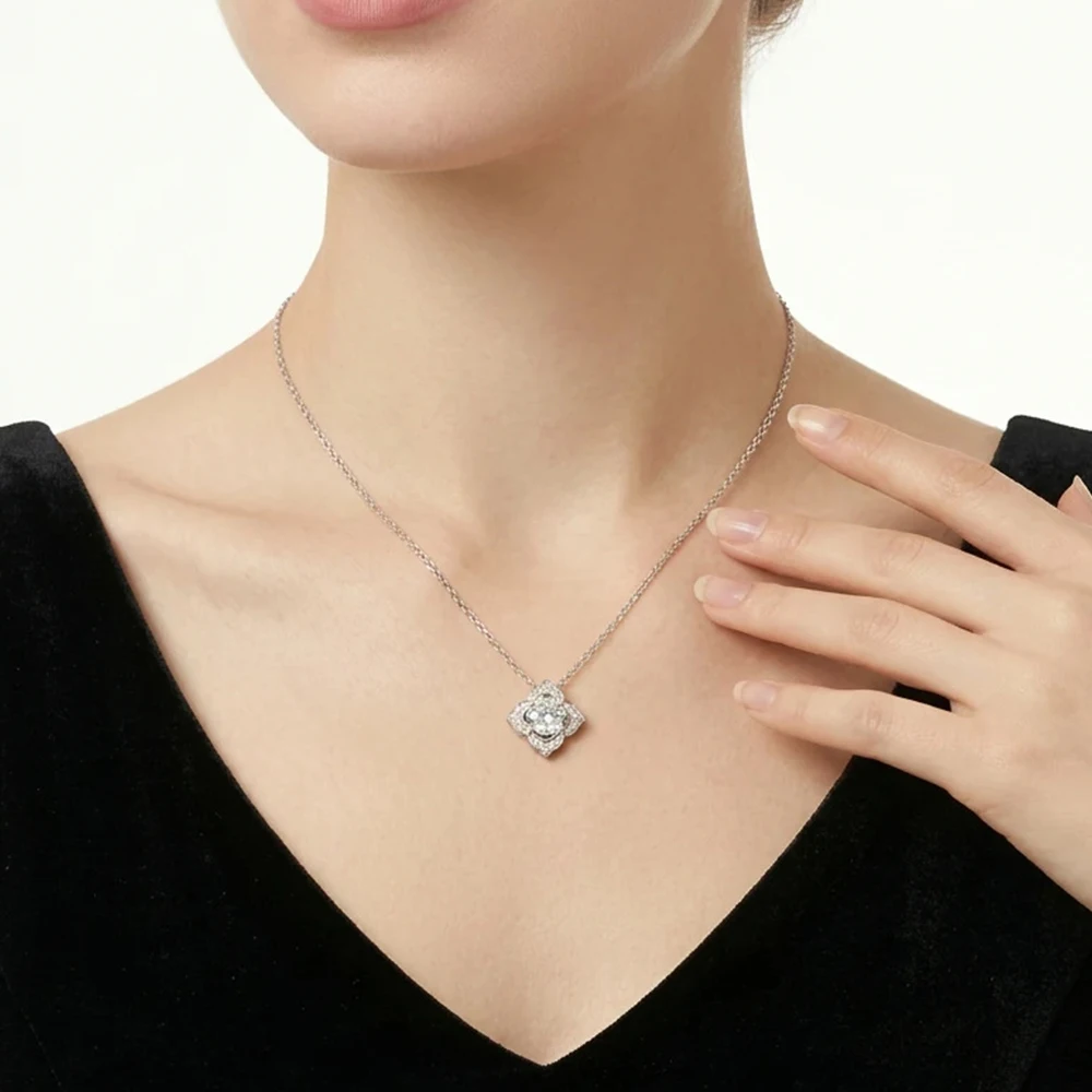 Flower 1CT Full Moissanite Pendant Necklace for Women 925 Sterling Silver Lucky Four-leaf Clover Choker Chain Wedding Jewelry