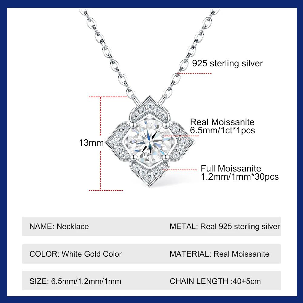 Flower 1CT Full Moissanite Pendant Necklace for Women 925 Sterling Silver Lucky Four-leaf Clover Choker Chain Wedding Jewelry Flower 1CT Full Moissanite Pendant Necklace for Women 925 Sterling Silver Lucky Four-leaf Clover Choker Chain Wedding Jewelry