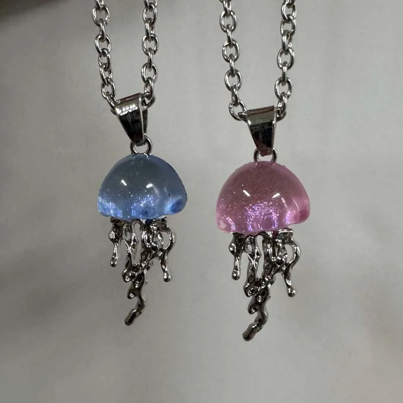 Fashion Blue Pink Jellyfish Pendant Necklace for Women Vintage Couple Elegant Long Tassels Charms Necklace Y2K Jewelry Gifts