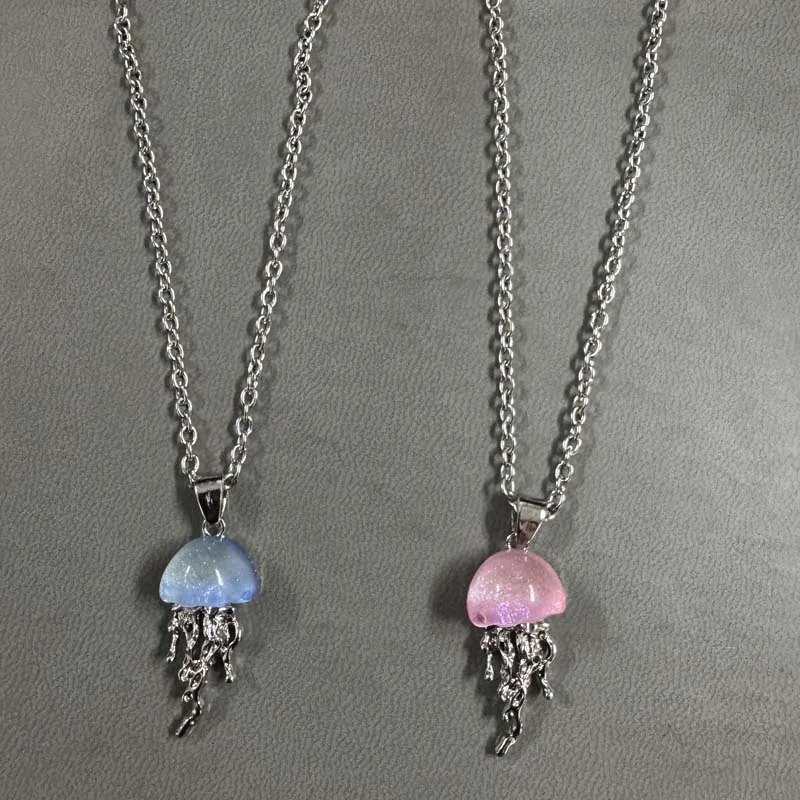 Fashion Blue Pink Jellyfish Pendant Necklace for Women Vintage Couple Elegant Long Tassels Charms Necklace Y2K Jewelry Gifts