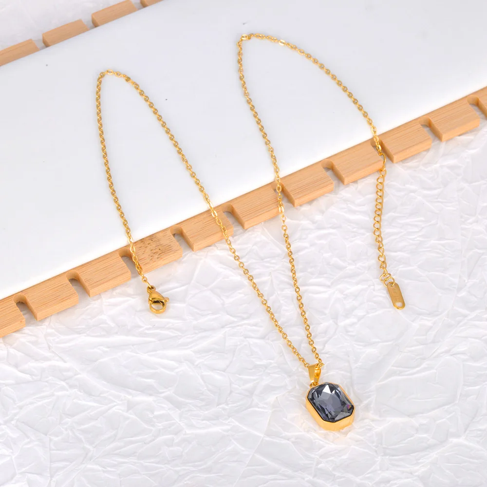 Lokaer Sparkling Stainless Steel Geometric Square Cubic Zirconia Crystal Pendant Necklace Jewelry For Women N23076