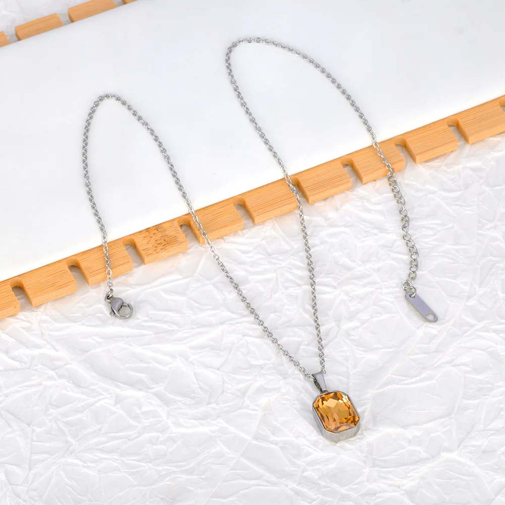Lokaer Sparkling Stainless Steel Geometric Square Cubic Zirconia Crystal Pendant Necklace Jewelry For Women N23076