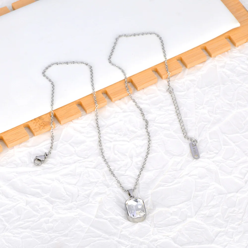 Lokaer Sparkling Stainless Steel Geometric Square Cubic Zirconia Crystal Pendant Necklace Jewelry For Women N23076