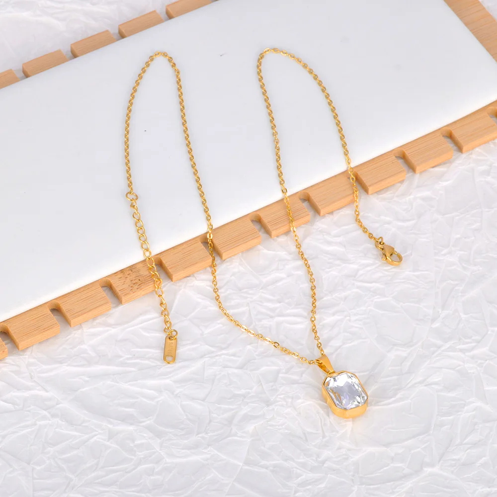 Lokaer Sparkling Stainless Steel Geometric Square Cubic Zirconia Crystal Pendant Necklace Jewelry For Women N23076
