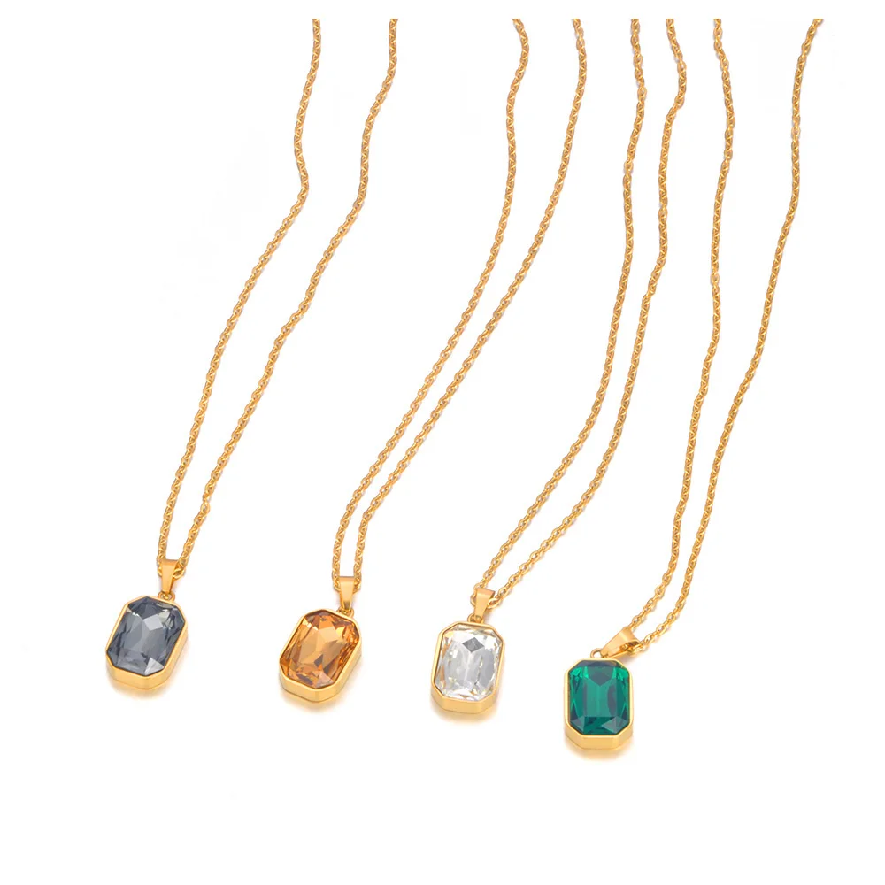Lokaer Sparkling Stainless Steel Geometric Square Cubic Zirconia Crystal Pendant Necklace Jewelry For Women N23076