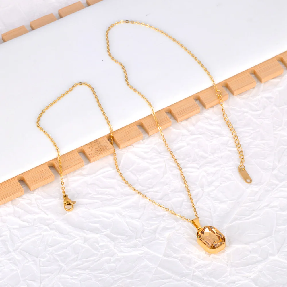 Lokaer Sparkling Stainless Steel Geometric Square Cubic Zirconia Crystal Pendant Necklace Jewelry For Women N23076