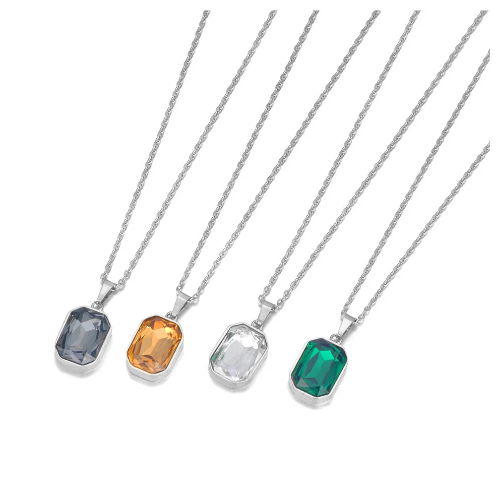 Lokaer Sparkling Stainless Steel Geometric Square Cubic Zirconia Crystal Pendant Necklace Jewelry For Women N23076