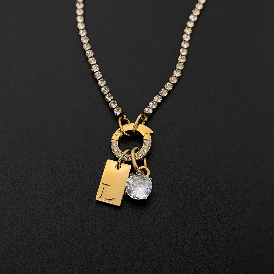 eManco Initial Charm Letters Necklace Women Men Stainless Steel Choker Claw Chain Round Zircon Letter Pendant DIY