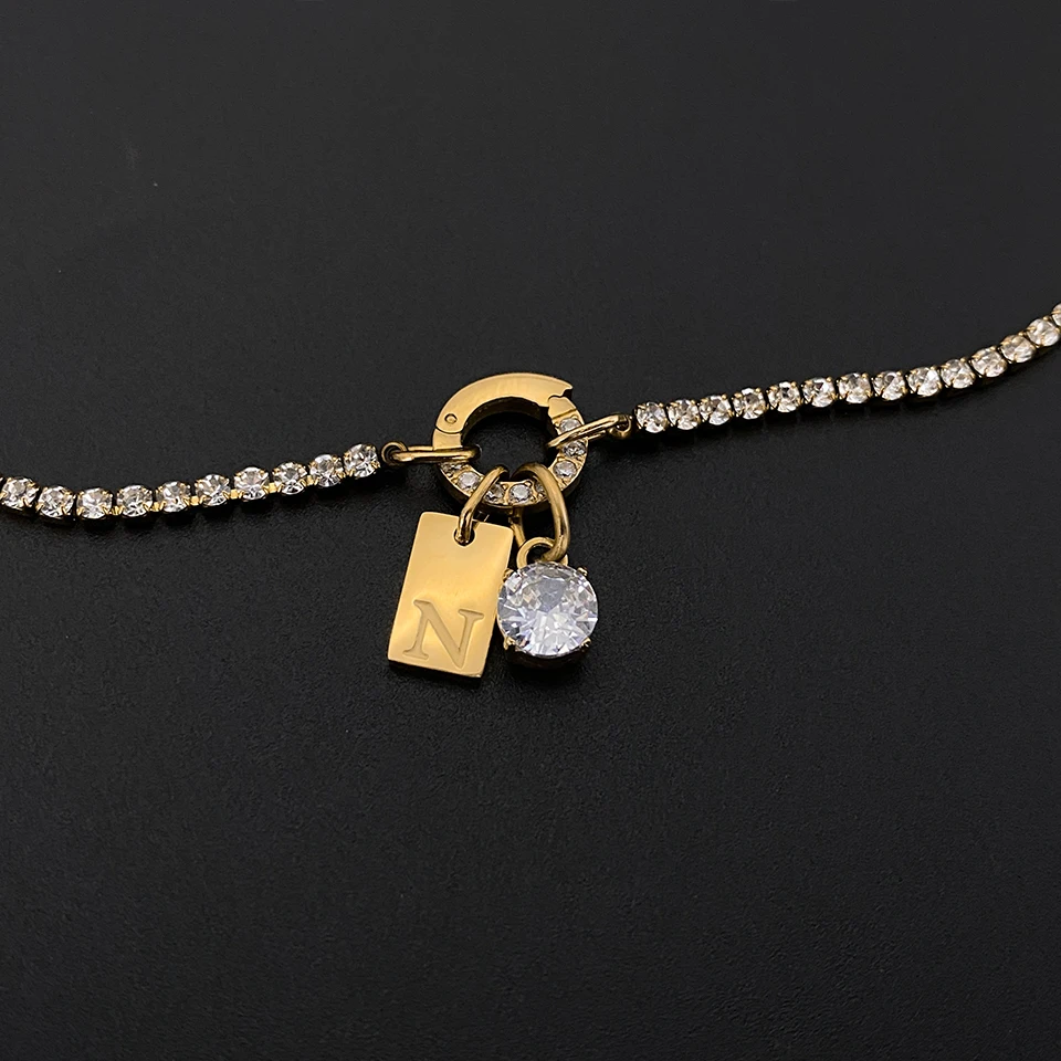 eManco Initial Charm Letters Necklace Women Men Stainless Steel Choker Claw Chain Round Zircon Letter Pendant DIY