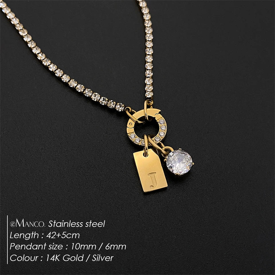 eManco Initial Charm Letters Necklace Women Men Stainless Steel Choker Claw Chain Round Zircon Letter Pendant DIY