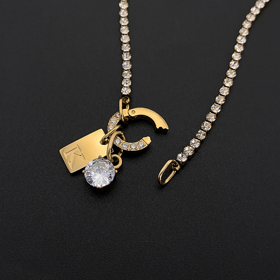 eManco Initial Charm Letters Necklace Women Men Stainless Steel Choker Claw Chain Round Zircon Letter Pendant DIY