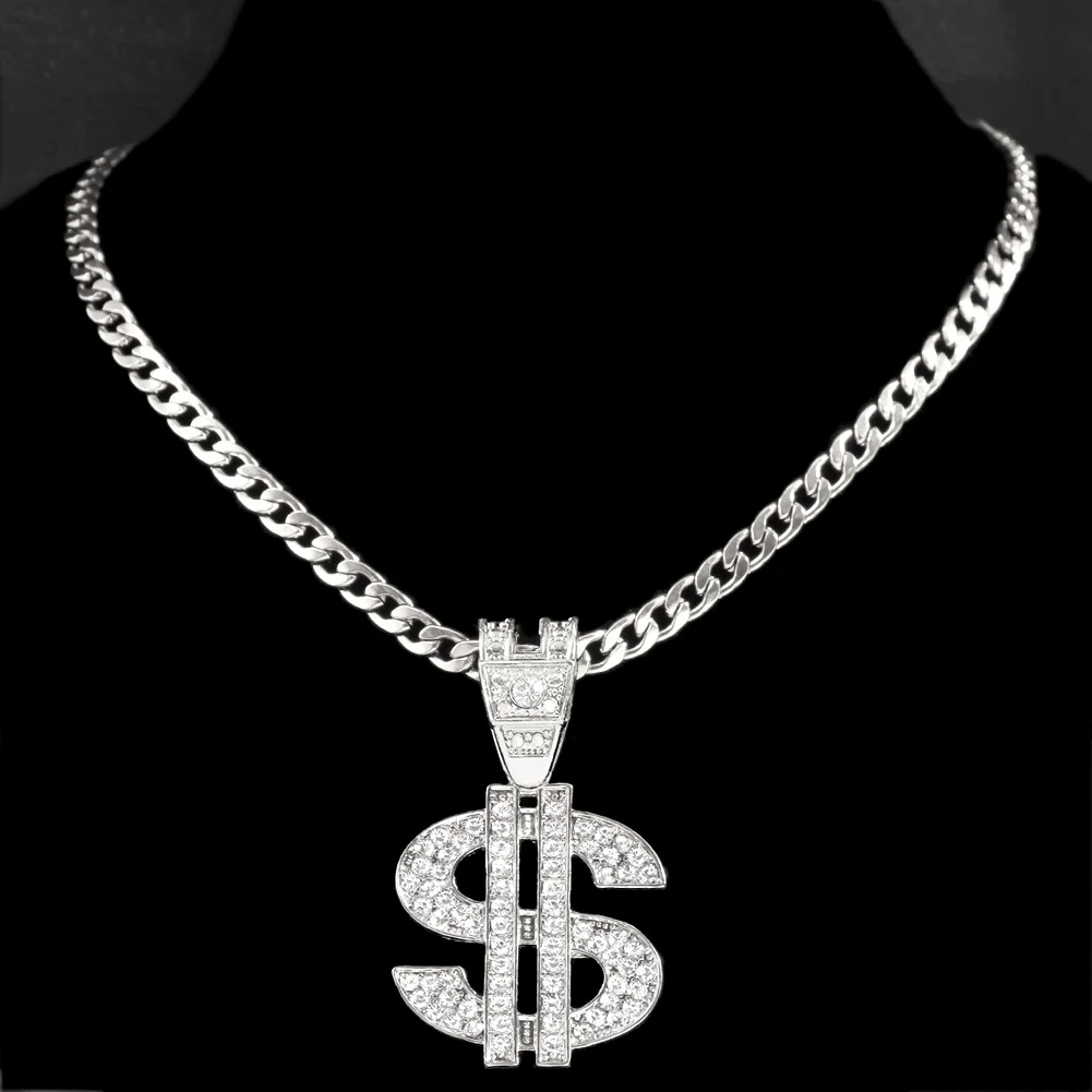 Bling Rhinestone Dollar Pendant Necklace For Men Silver Color Iced out 13mm Cuban Chain Choker Necklaces Hiphop Rap Rock Jewelry