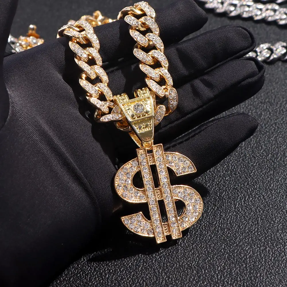 Bling Rhinestone Dollar Pendant Necklace For Men Silver Color Iced out 13mm Cuban Chain Choker Necklaces Hiphop Rap Rock Jewelry