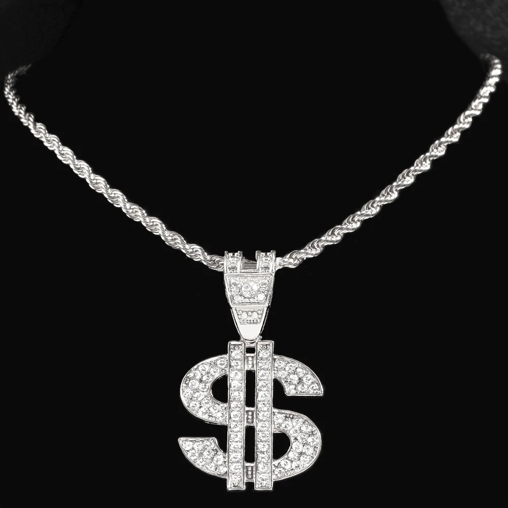 Bling Rhinestone Dollar Pendant Necklace For Men Silver Color Iced out 13mm Cuban Chain Choker Necklaces Hiphop Rap Rock Jewelry