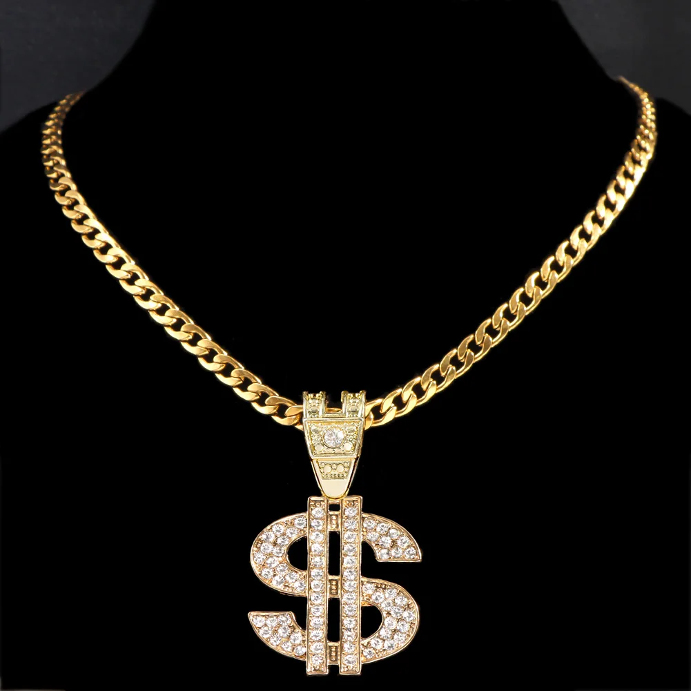 Bling Rhinestone Dollar Pendant Necklace For Men Silver Color Iced out 13mm Cuban Chain Choker Necklaces Hiphop Rap Rock Jewelry