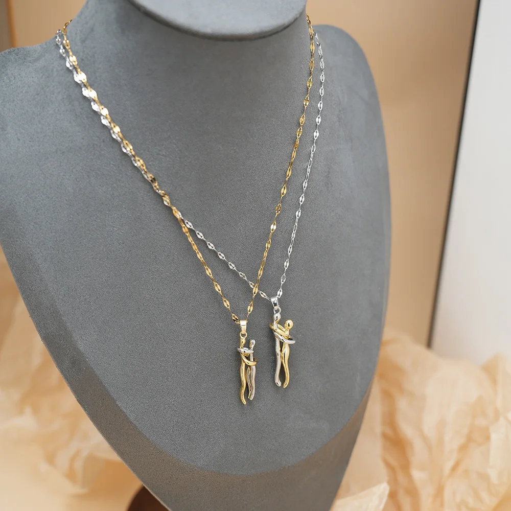 LATS Stainless Steel Couple Hugging Pendant Necklace for Women Men Silver Color Love Chain Good Friend Gifts Fashion Jewelry