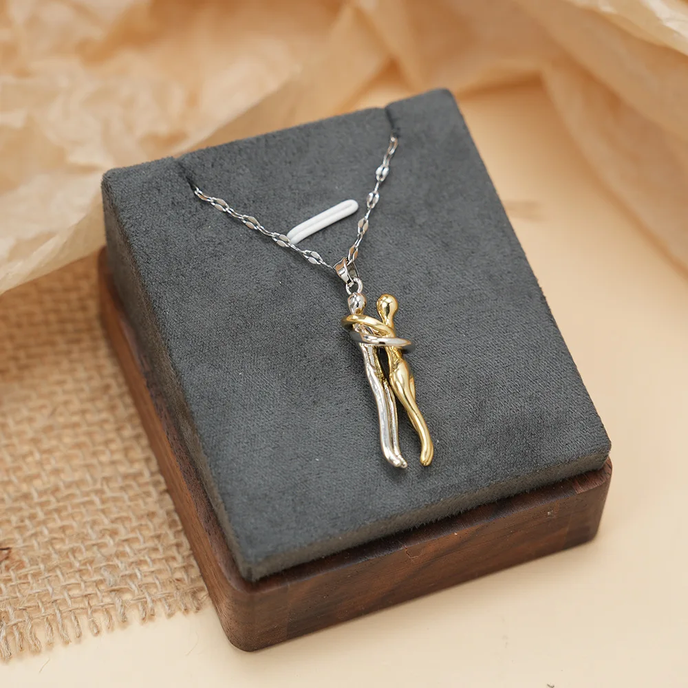 LATS Stainless Steel Couple Hugging Pendant Necklace for Women Men Silver Color Love Chain Good Friend Gifts Fashion Jewelry