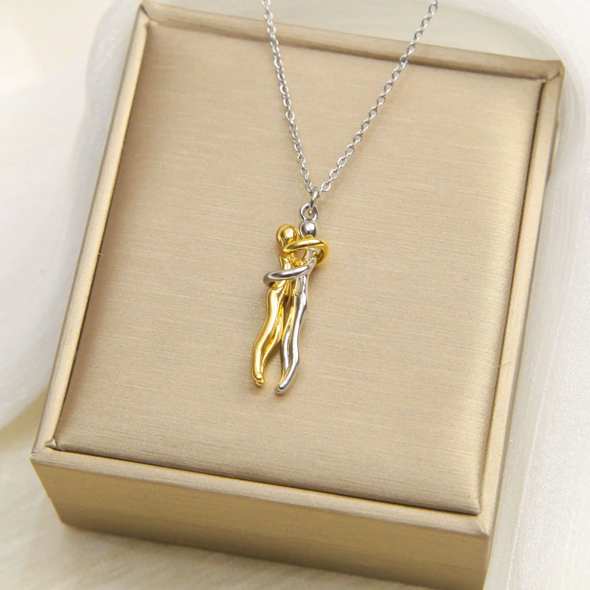 LATS Stainless Steel Couple Hugging Pendant Necklace for Women Men Silver Color Love Chain Good Friend Gifts Fashion Jewelry