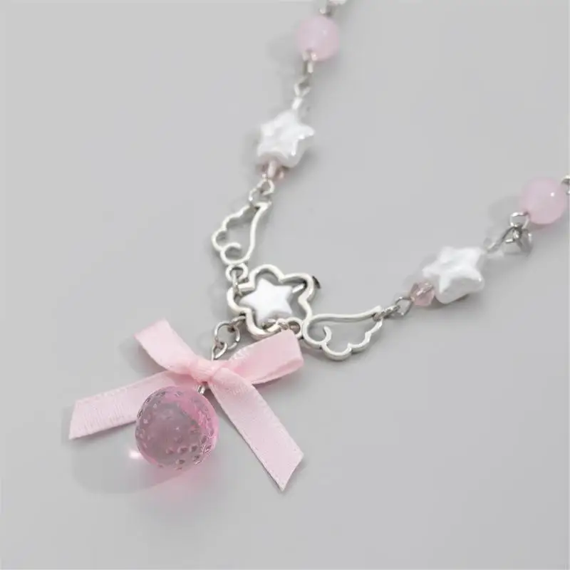 2025 New Cute White Pentagram Pink Bowknot Strawberry Pendant Choker Necklace Goth Vintage Y2K Girls Sweet Jewelry Accessories 2025 New Cute White Pentagram Pink Bowknot Strawberry Pendant Choker Necklace Goth Vintage Y2K Girls Sweet Jewelry Accessories