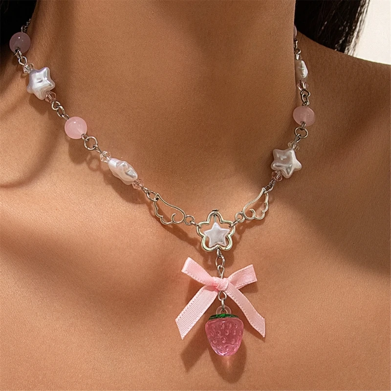2025 New Cute White Pentagram Pink Bowknot Strawberry Pendant Choker Necklace Goth Vintage Y2K Girls Sweet Jewelry Accessories 2025 New Cute White Pentagram Pink Bowknot Strawberry Pendant Choker Necklace Goth Vintage Y2K Girls Sweet Jewelry Accessories